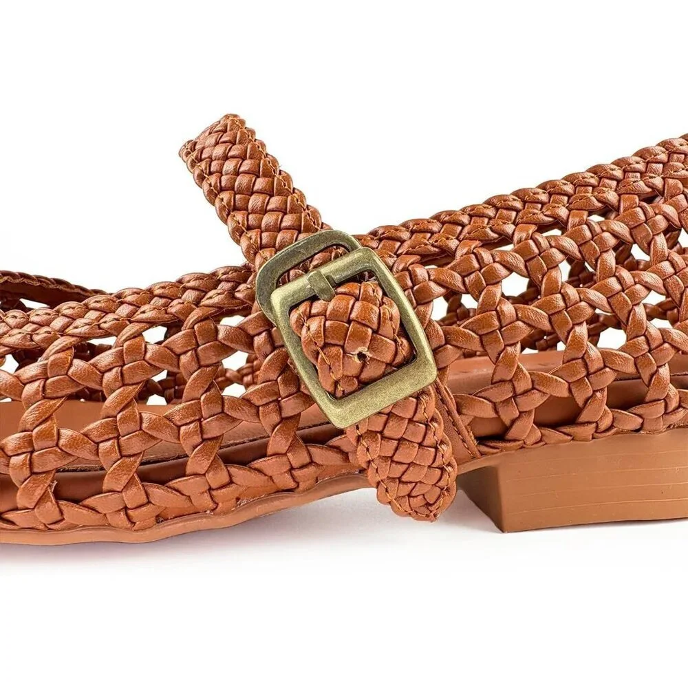 Women's Brown Buckle Strap Ballerina Soft Office Casual Dressy Mesh Flat Shoes